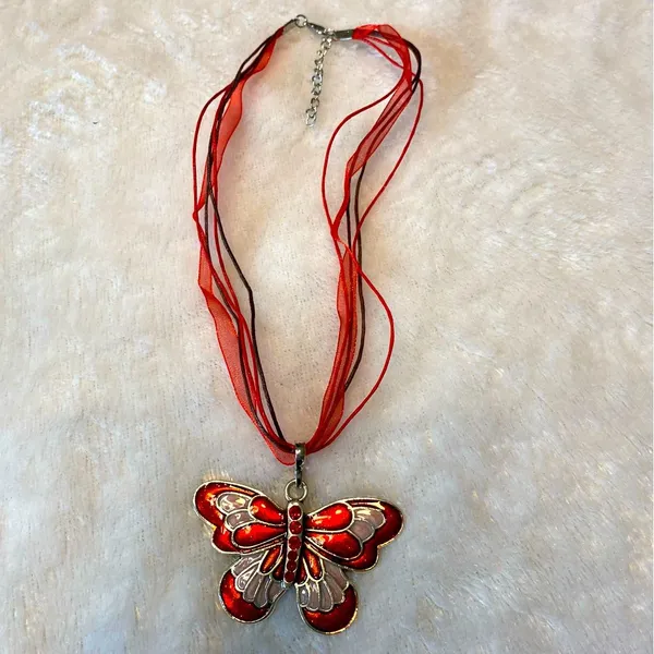 Women's Colorful Butterfly Zircon Pendant Necklace with Ribbon Charm - Image 3