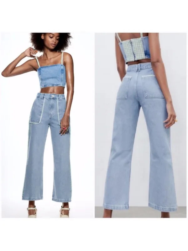 Zara‎ High Rise Tweed Trim Jewel Button Crop Wide Leg Light Wash Jeans - Image 2