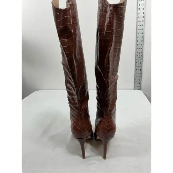 Womans Suedi Knee High Boots 7 Brown Croc Faux Leather Stiletto Pullon NWOT - Image 5