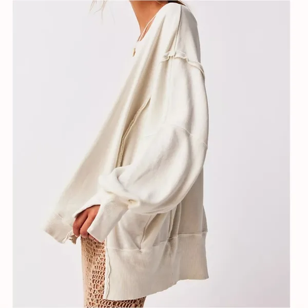NEW! WE THE FREE PEOPLE Camden LARGE Gray Opal Cream Off-Shoulder Sweatshirt - Image 5
