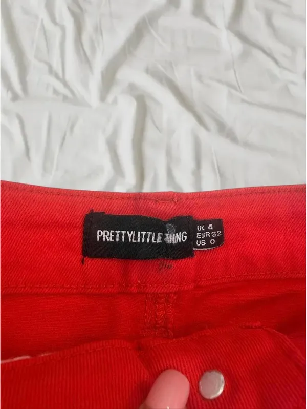 PrettyLittleThing Red Distressed Denim Mini Skirt Size 0 - Image 3