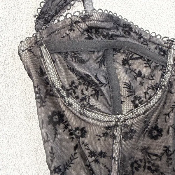 Windsor Black Velvet Floral Flocked Mesh Bustier Corset Top Size SM Adjustable - Image 3