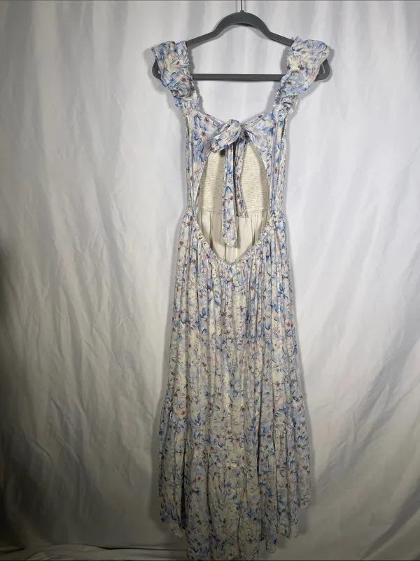 American Eagle Womens Blue Floral Flutter Sleeve Smocked Open Back Dress Large - Image 5