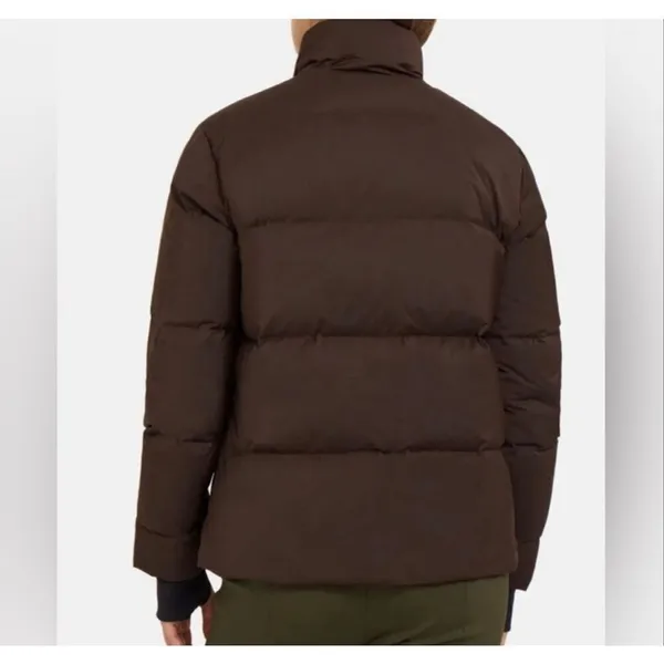 Theory brown stand up collar down fill puffer jacket size small - Image 2