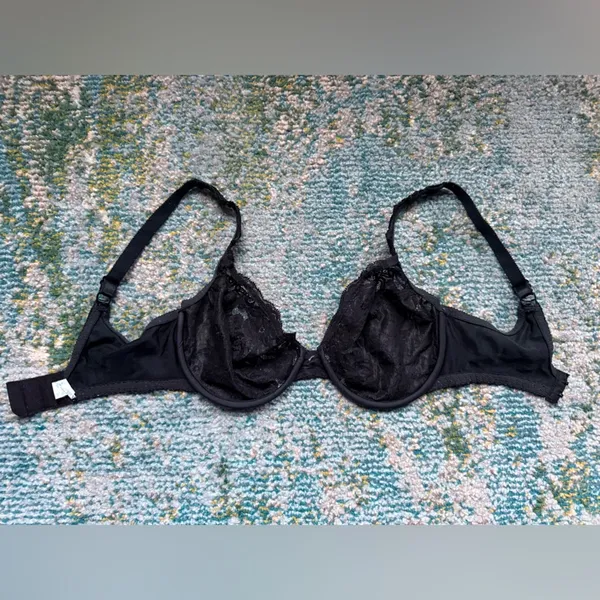 Vintage Olga black lace sheer underwire bra, size 32C - Image 3