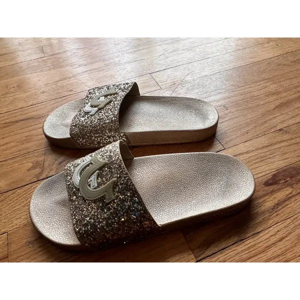 True Religion Keilani Slide Sandals Women Size 10 Gold Glitter Horseshoe‎ Logo - Image 3
