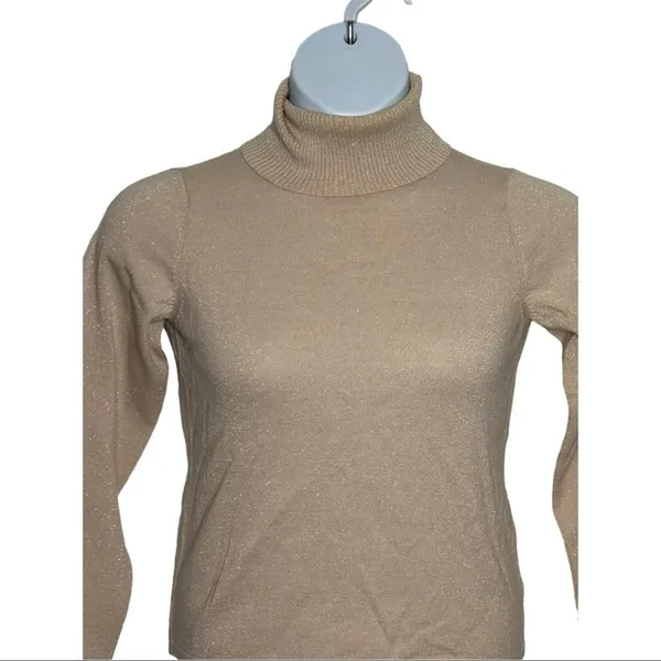 New York & Company Pink Rose Gold Glitter Turtleneck Sweater Small Y2K Fitted - Image 5