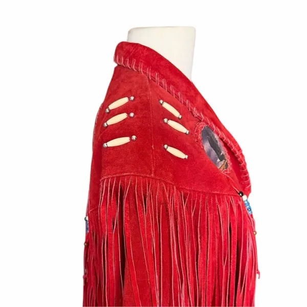 Vintage Red Suede Fringe Jacket Eagle Beaded Western Southwestern Women’s Large - Image 7
