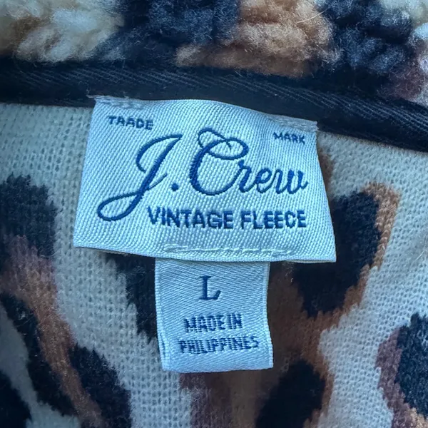 J.Crew Vintage Fleece Leopard Print Faux Fur Jacket Brown Tan Black Womens L - Image 5