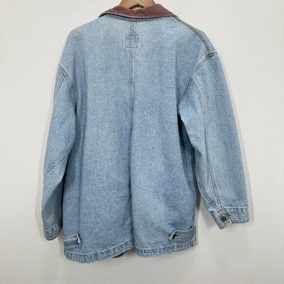 Vintage 90s Women's Size XL‎ Denim Trench Chore Coat Light Wash Contrast Collar - Image 3