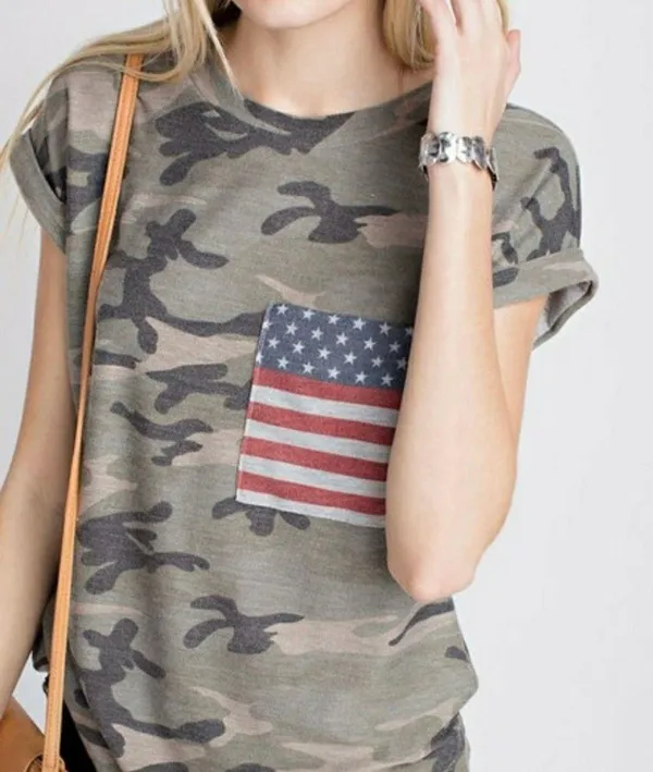 4th Of July Camp Patriotic Pocket Rolled Sleeve Tee Green Size L - Image 2