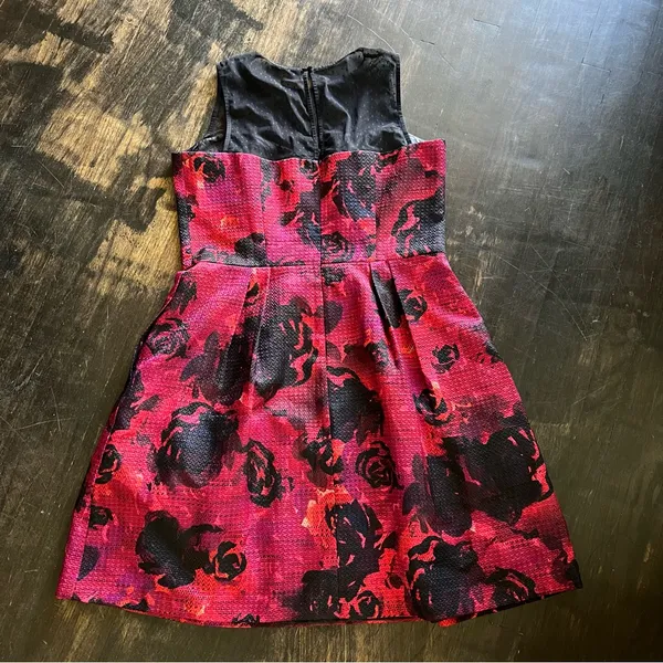 Modcloth Symphony Stunner Dress Maggy London Fit Flare Black Red Floral Mesh 14 - Image 2