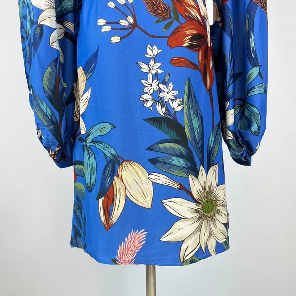 NWOT Farm Rio Blue Surreal Flowers Wrap Long Sleeve Mini Dress Size L - Image 10