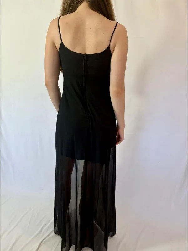 Vintage Blondie Nites Black Rosette Mesh Overlay High Low Evening Gown - Image 6