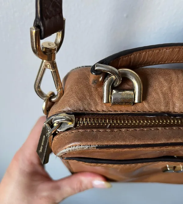 Michael Kors Tan Leather MK Crossbody Purse - Image 4
