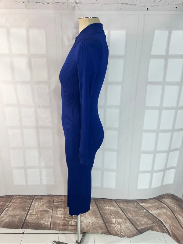 Reiss Blue Ronnie Collared Knitted Long Sleeve Ribbed Midi Bodycon Dress Size XS - Image 10