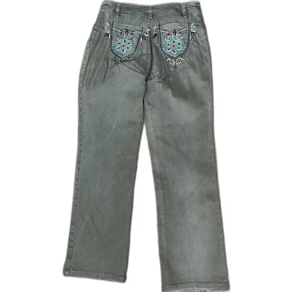 Embroidered olive straight leg jeans Tan Size 30 - Image 3