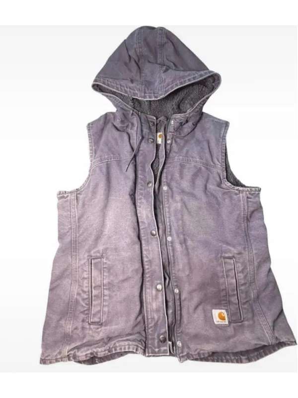 Vtg Women's Carhartt Hooded Vest Large Faded Purple Grey Sherpa Lined Canvas - Image 7