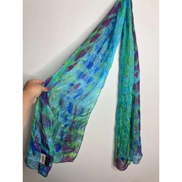 Signals Scarf Womens OS Blue Green Tie Dye Excellent 100% Silk Rectangular Wrap - Image 4