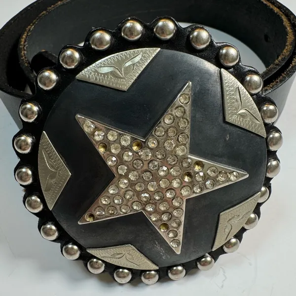 Vintage Cowboy Decor Lonestar Stud Leather Belt Rhinestone Buckle 36 Studded - Image 3