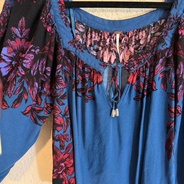 Free People Blouse Blue S Womens Floral Boho Peasant Top - Image 5