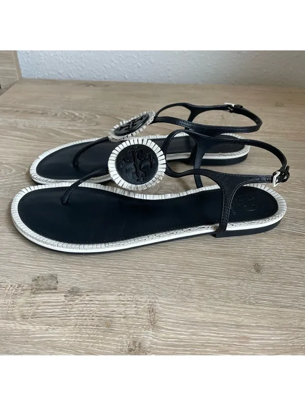 Tory Burch Miller Fringe T Strap Sandals Black Size 7 Neutral Leather Luxury - Image 2