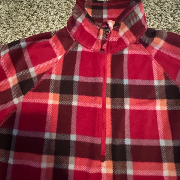 Eddie‎ Bauer Womens Red Plaid Fleece Quarter Zip Pullover Mock Neck Large - Image 3