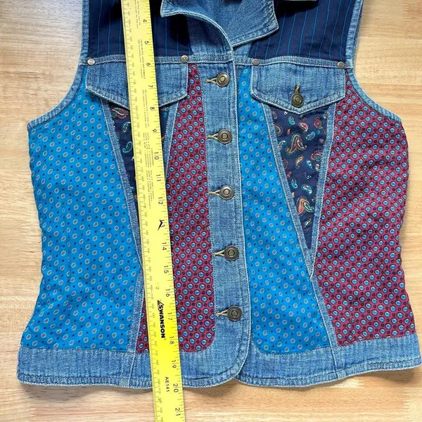 Carole Little Vintage 90s Denim Tapestry Patchwork Button Up Vest Top S - Image 7