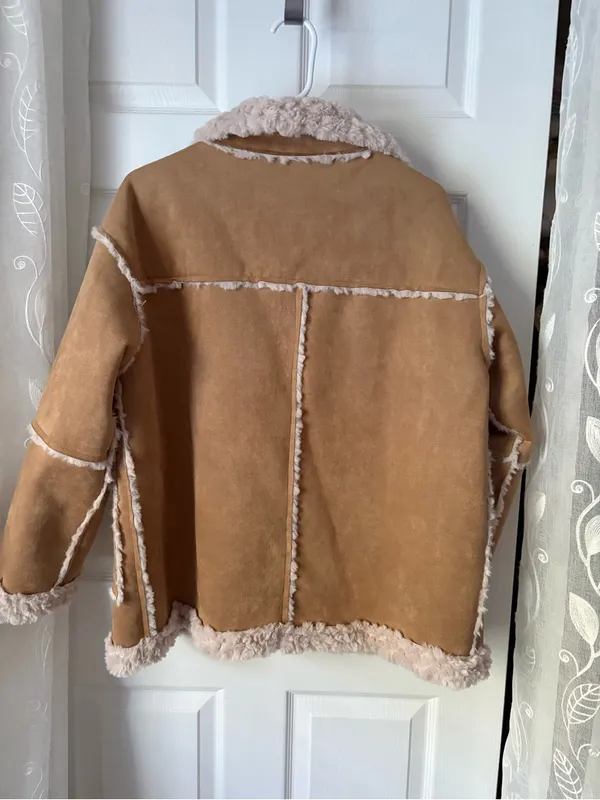 Allured vintage-inspired faux suede shearling aviator coat women sz M/L p2p 22” - Image 6