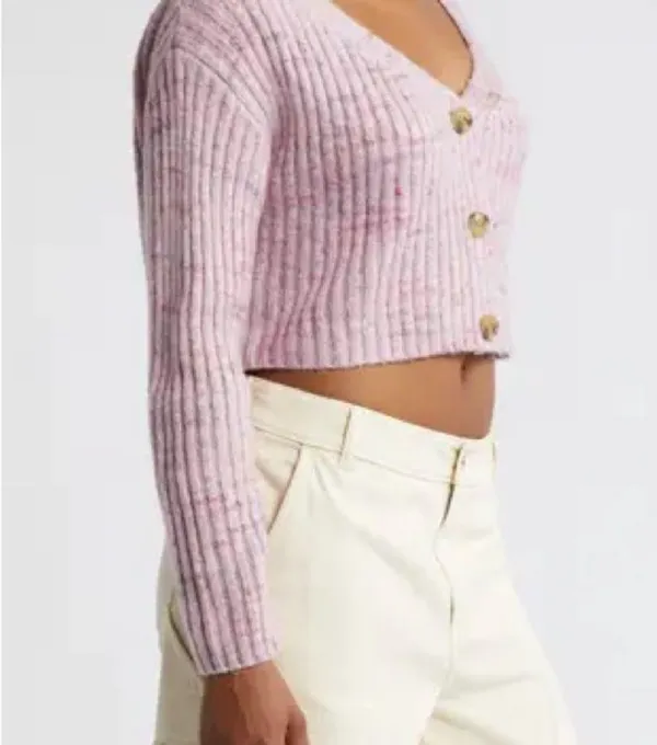 BP. Pink Ribbed Knit Crop Space Dye V Neck Cardigan - Image 2