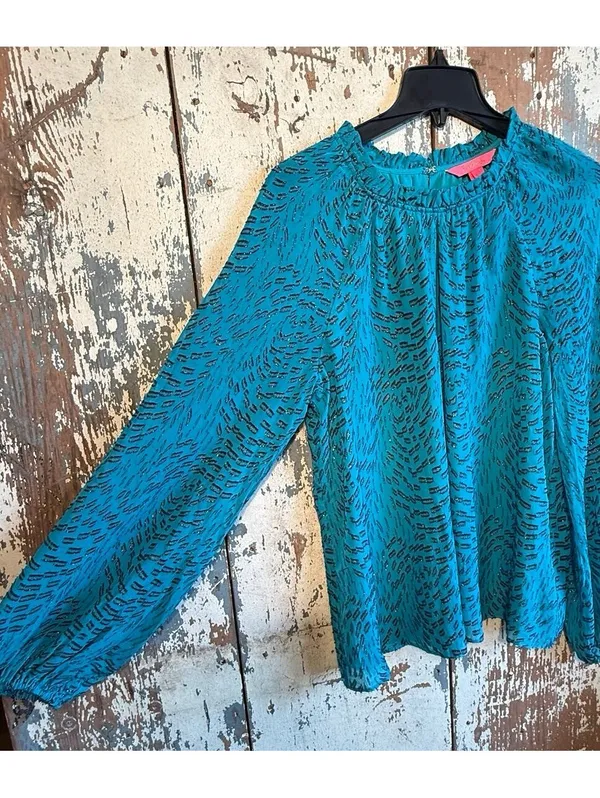 Lilly Pulitzer Silk Caline Metallic Turquoise Top Long Sleeve Blouse, size Large - Image 2