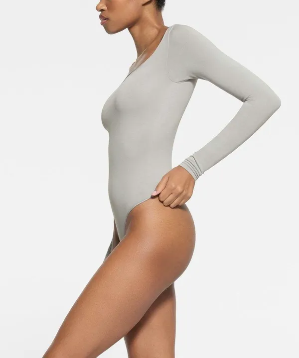 Skims Essential Long Sleeve Scoop Neck Bodysuit, Limited Editionlight Grey,S,$78 - Image 3