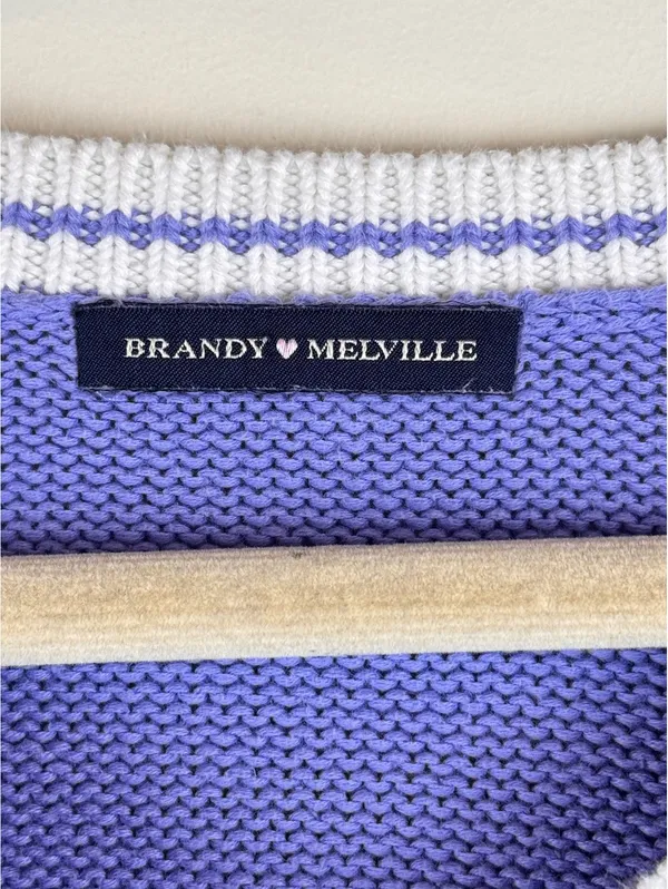 Brandy Melville Nikki Periwinkle Blue White Varsity V Neck Sweater One Size - Image 3