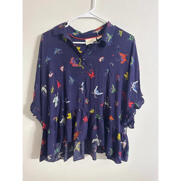 Maeve Anthropologie Navy Butterfly Print Peplum Button Down Top Large - Image 2