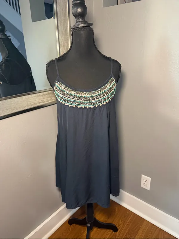 American Eagle black slip dress boho style beaded scoop neckline medium - Image 2