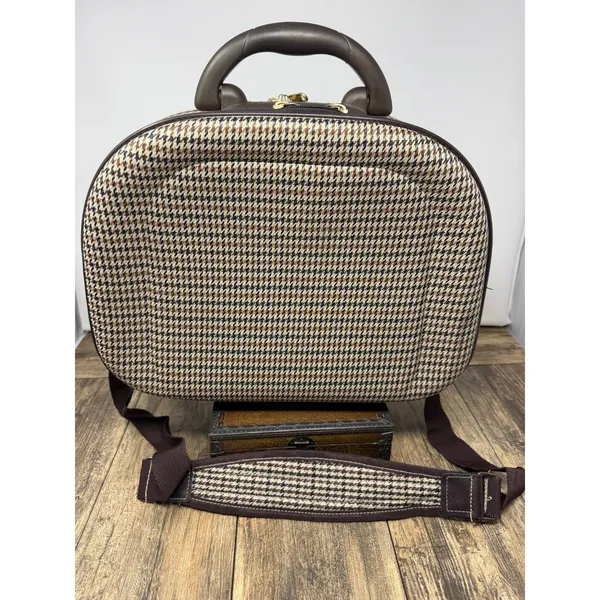 Gabbiano Houndstooth Travel Vanity Case Brown Tan Beauty Makeup Bag Mirror - Image 6