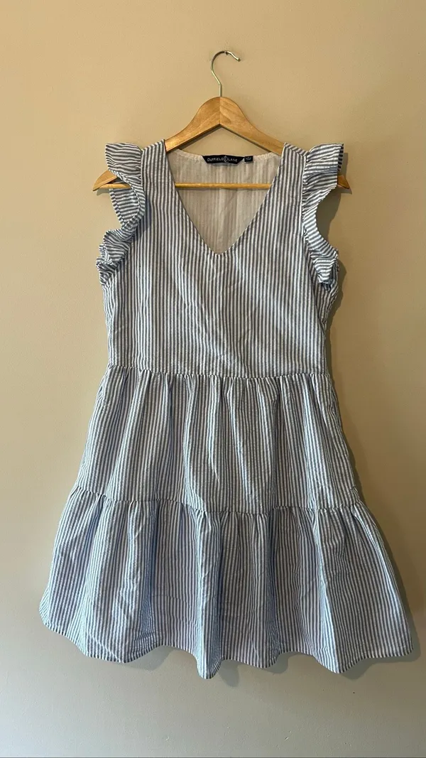 Duffield Lane Blue White Stripe Seersucker Ruffle Tiered Mini Dress Size Small S - Image 2