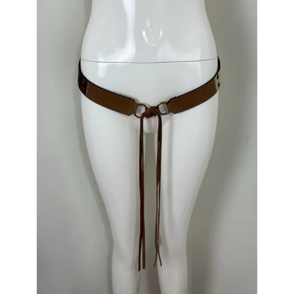 Boho Fringe Brown Leather Belt Womens XL O Ring Tie Waist Western Festival - Image 7