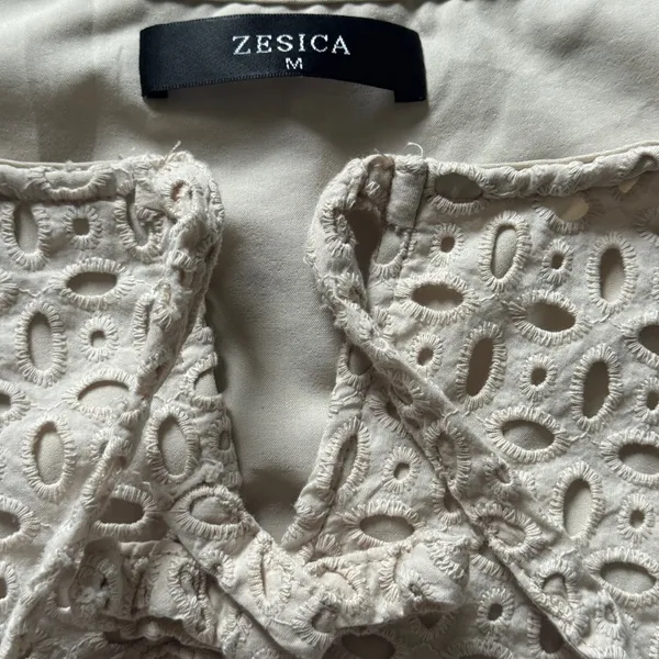Zesica Womens Beige Eyelet Mini Dress Long Sleeve Bow Front Size M Boho Romantic - Image 3