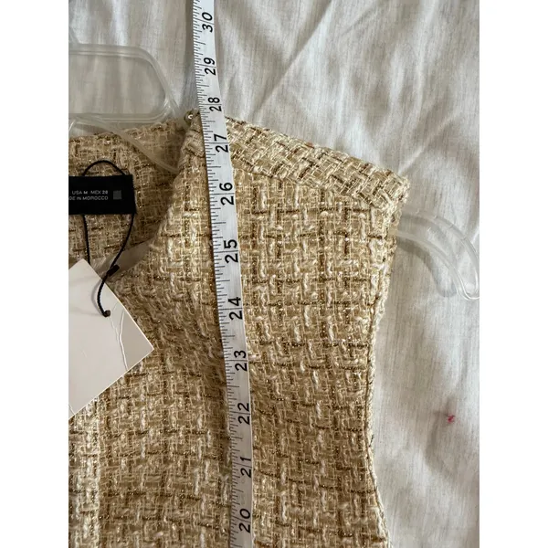 Zara Tweed Vest Women Medium Gold Metallic Belted Longline Sleeveless Jacket NEW - Image 7