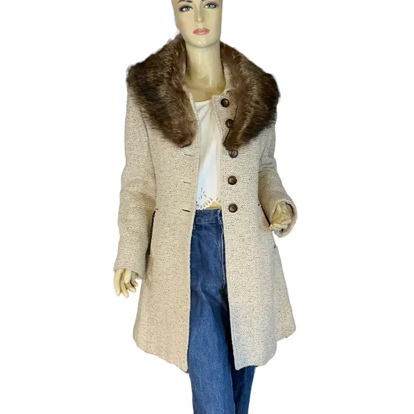 Vintage Circa 1980'S J. Marco Beige & Brown Wool & Fox Fur Collar Coat (S) - Image 8