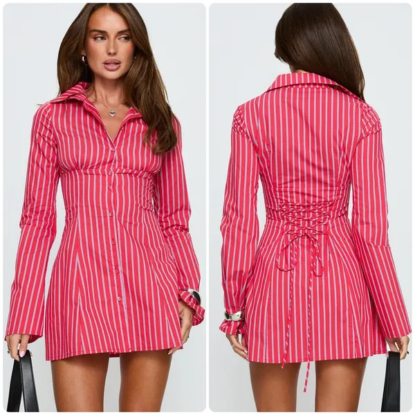 Princess Polly Womens Tawni Red Stripe Lace Up Corset Mini Shirt Dress Size 6 - Image 2