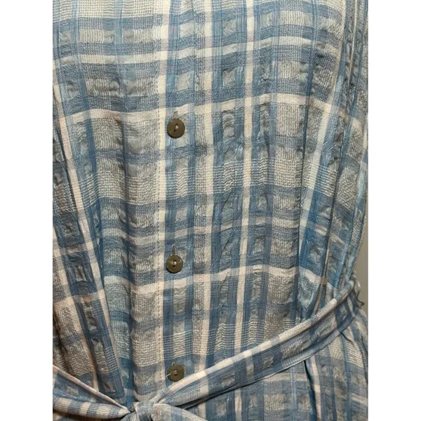 Anthropologie Blue White Plaid Button Front Tiered Midi Dress Sz S Halter Neck - Image 2