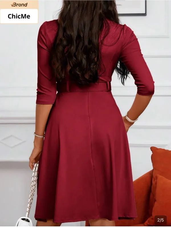 ChicMe Burgundy Belted Midi Dress with Front Zip Detail - Image 3