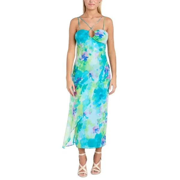 Morgan & Co Dress Womens 13 Blue Watercolor Floral Midi Keyhole Tie Back 40021 - Image 2