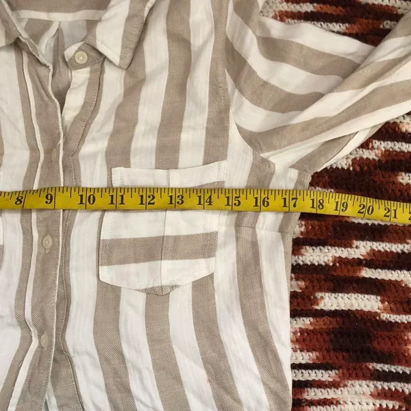 Neiman Marcus Cream Tan White Striped Button Up Down Shirt Mini Summer Dress Front Pockets-Size 8 #Minimalist #Designer #Luxury #Chic Measurement in pics - Image 6