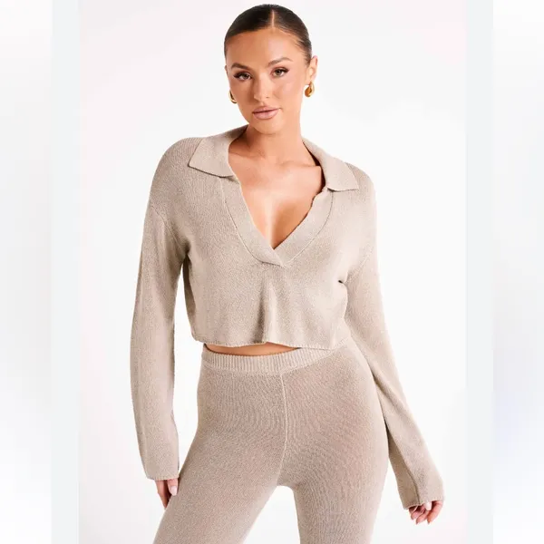 Meshki Carlota Collared Knit Cropped Jumper Sweater in Taupe Size Medium - Image 2