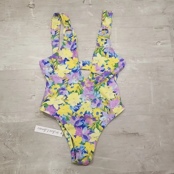 💕FOR LOVE AND LEMONS Daffodil One-Piece Swimsuit Sunny Neon Floral Print S NWT - Image 14