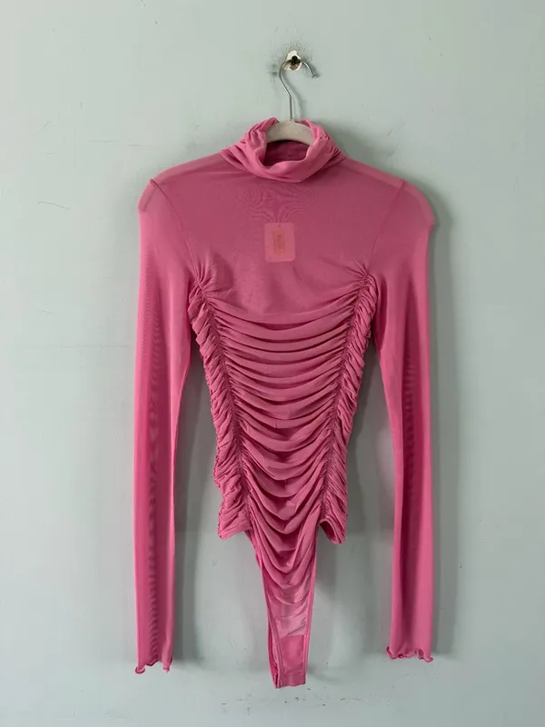 NWT Free People Under It All Fiji Flower Pink Mesh‎ Ruched Boho Bodysuit - Image 3