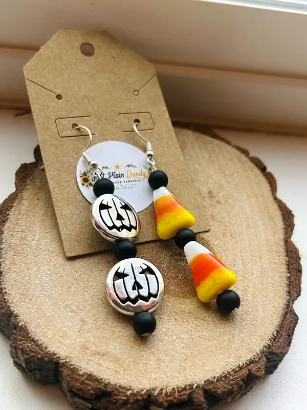Mismatched Pumpkin & Candy Corn Earrings | Halloween Jewelry | Fall Dangle - Image 2